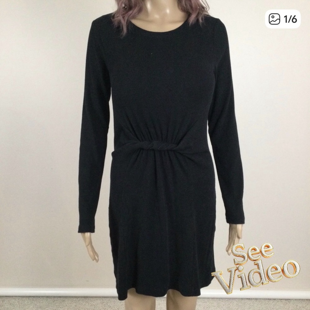 👛2/$20 Women’s AERIE Knit Black Knee Length Sweater Dress with Waist Detail, Si…